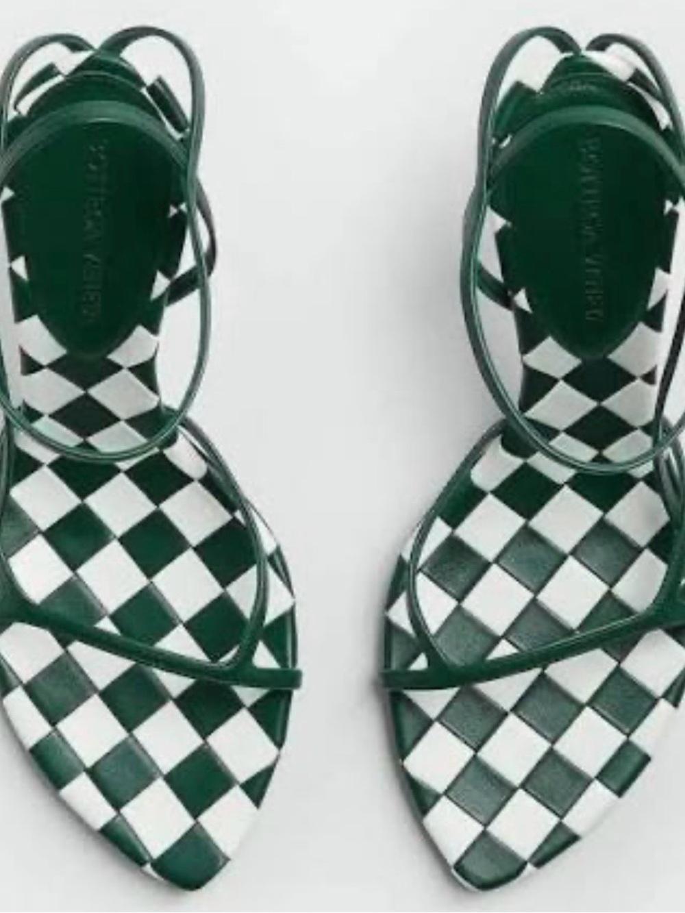 IN SEARCH OF!! Bottega Veneta Green and White Checkerboard Strappy Sandals. SZ39
